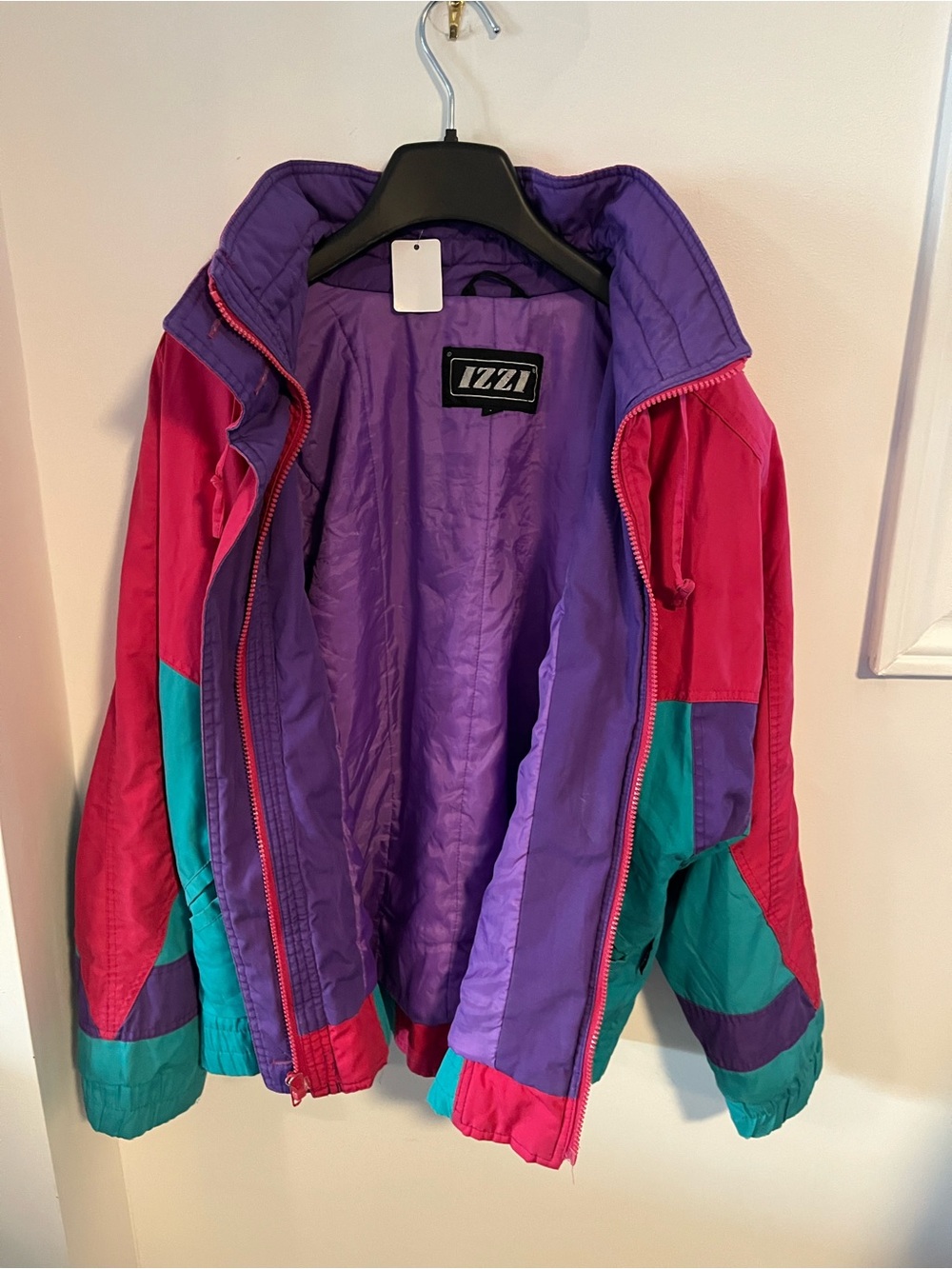 Mens Vintage Colorblock Bomber Jacket Coat - Purple/Pink/Teal Size Medium